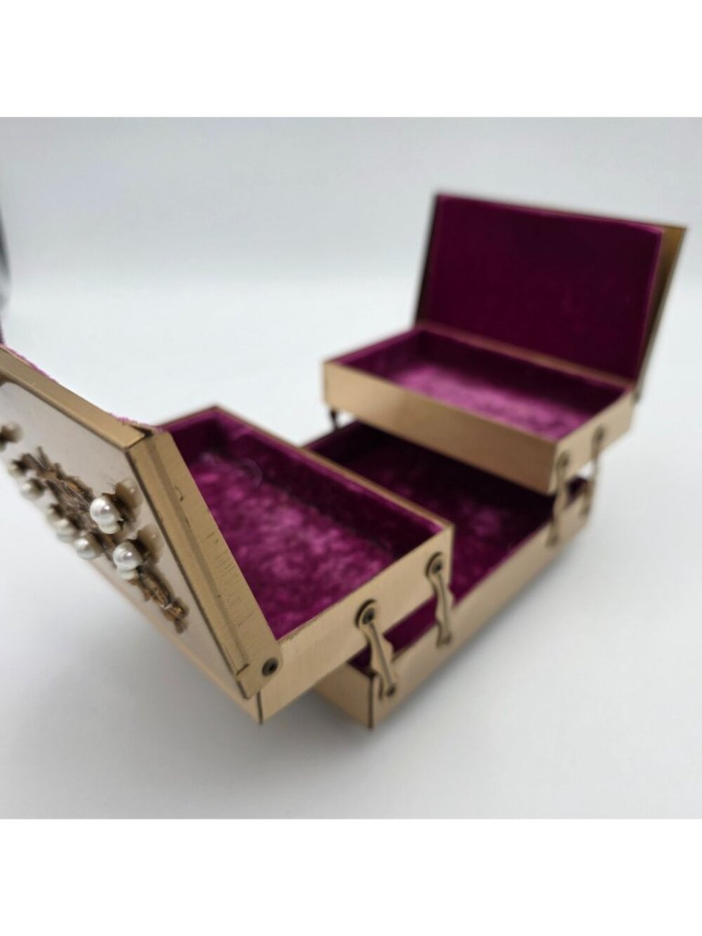 Vintage Gold-Tone Jewelry Box Pearl Embellishments & Velvet Inner Compartments - Picture 6 of 12